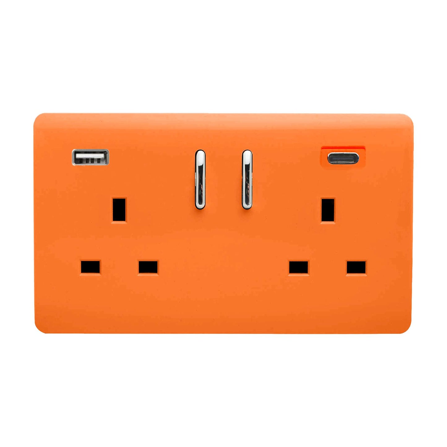 Orange Screwless 2 Gang Switched Double Socket 13A With 1 x USB-A & 1 x USB-C 65W (Shared), (35mm Back Box Req.), 10yrs Warranty