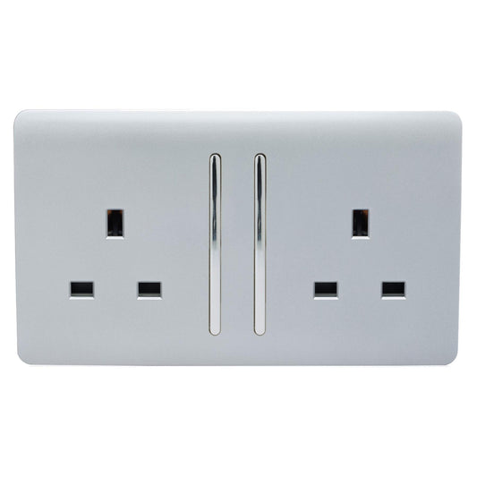 Trendi Switch 13 amp double Artistic Modern Glossy Switched Tactile Power Plug Socket - Silver x5 Pack