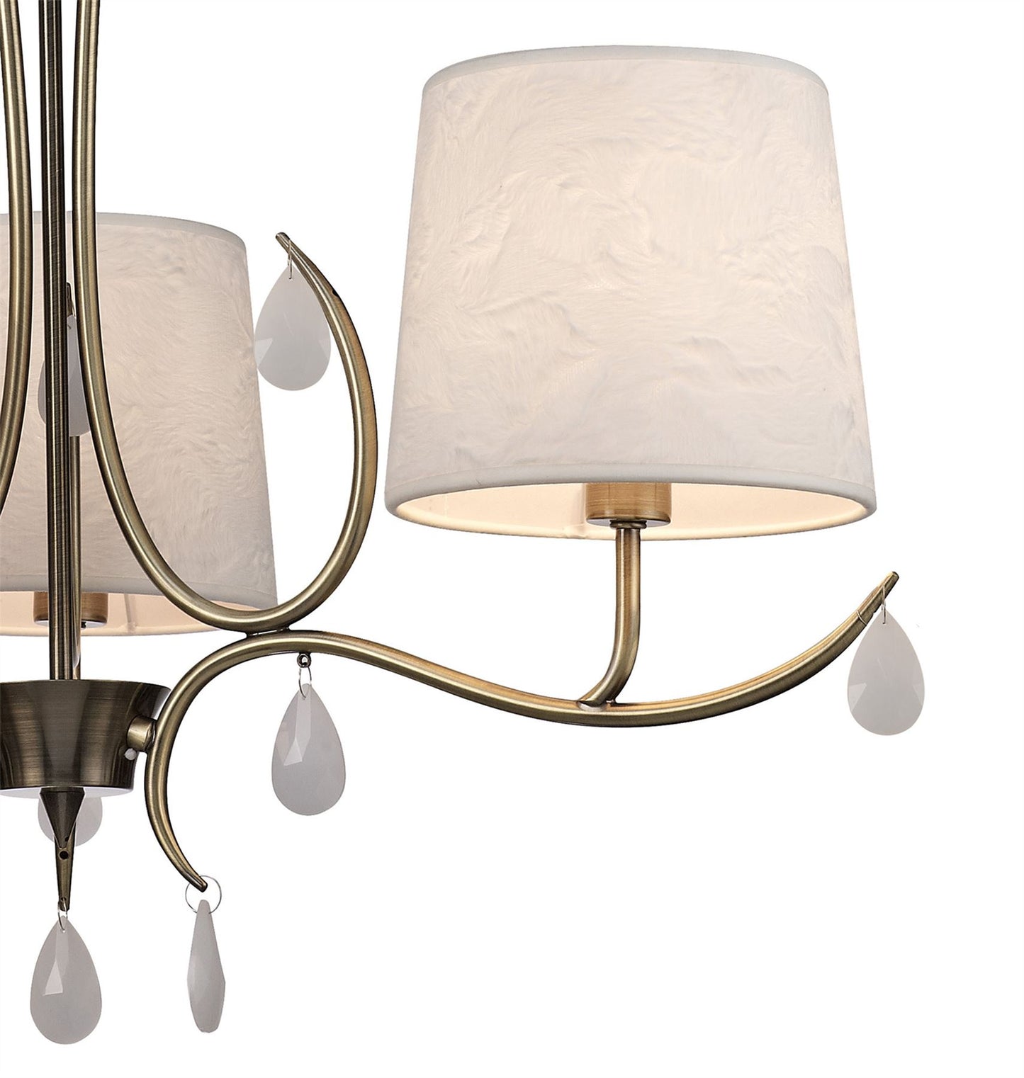 Mantra M6335 Andrea Pendant 67cm Round, 5 x E14 (Max 20W), Antique Brass, White Shades, White Crystal Droplets