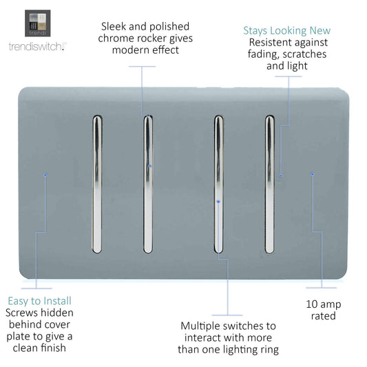 Trendi Artistic Modern Glossy 4 Gang 2 Way Rocker Double Plate Tactile Light Switch Cool Grey