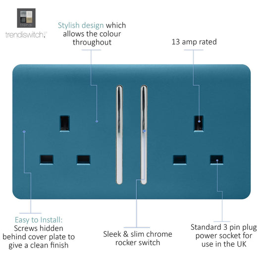 Trendi 2 Gang Raised Artistic Modern Glossy Screwless 13 Amp Single Pole with Chrome Switched UK Standard Electrical Double Wall Plug Socket in Ocean Blue - ART-SKT213LOB