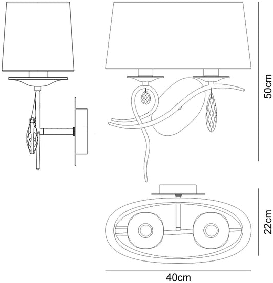 Mantra Louise Wall Light Left 2 Light E27 with White Shade Polished Chrome/Clear Crystal