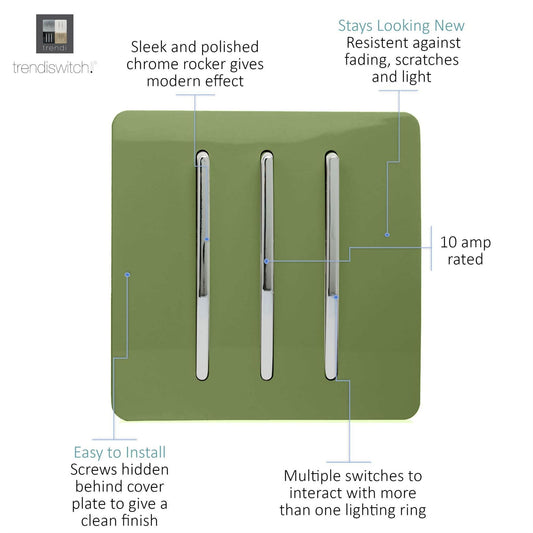 Trendi 3 Gang 2 Way Artistic Modern Glossy 10 Amp Rocker Tactile Light Switch Moss Green