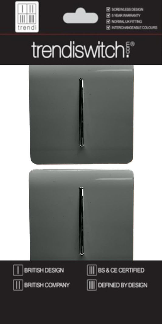 Trendi 1 Gang 2 Way 240V Screwless Artistic Modern Glossy 10 Amp Chrome Rocker Electrical Wall Light Switch in Charcoal Grey (2 PACK)