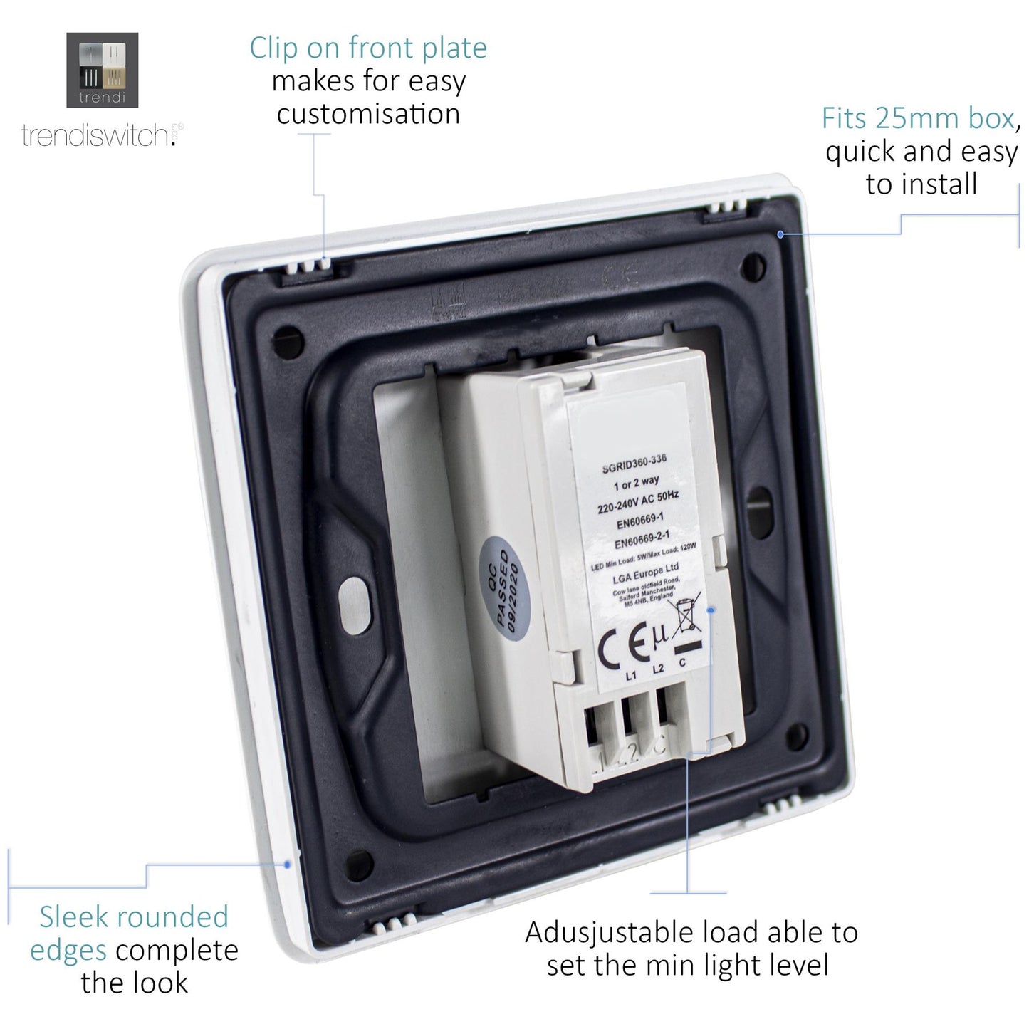 Trendi 1 Gang 2 Way 100w LED Dimmer Screwless 10 Amp Wall Light Switch in Matt White - ART-LDMMWH