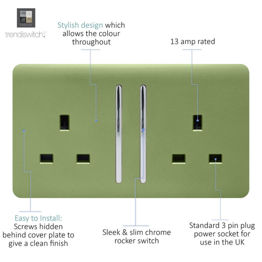 Trendi 2 Gang Raised Artistic Modern Glossy Screwless 13 Amp Single Pole with Chrome Switched UK Standard Electrical Double Wall Plug Socket in Moss Green - ART-SKT213LMG