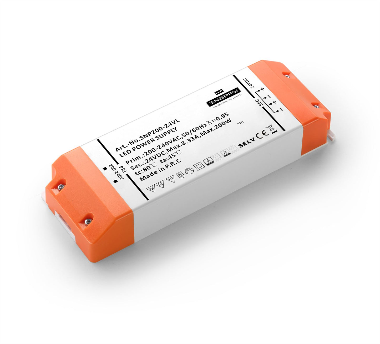 Snappy SNP, 200W, Constant Voltage Non-Dimmable PC LED Driver, 24VDC, IP20, Screw Connection, 5 yrs Warranty.