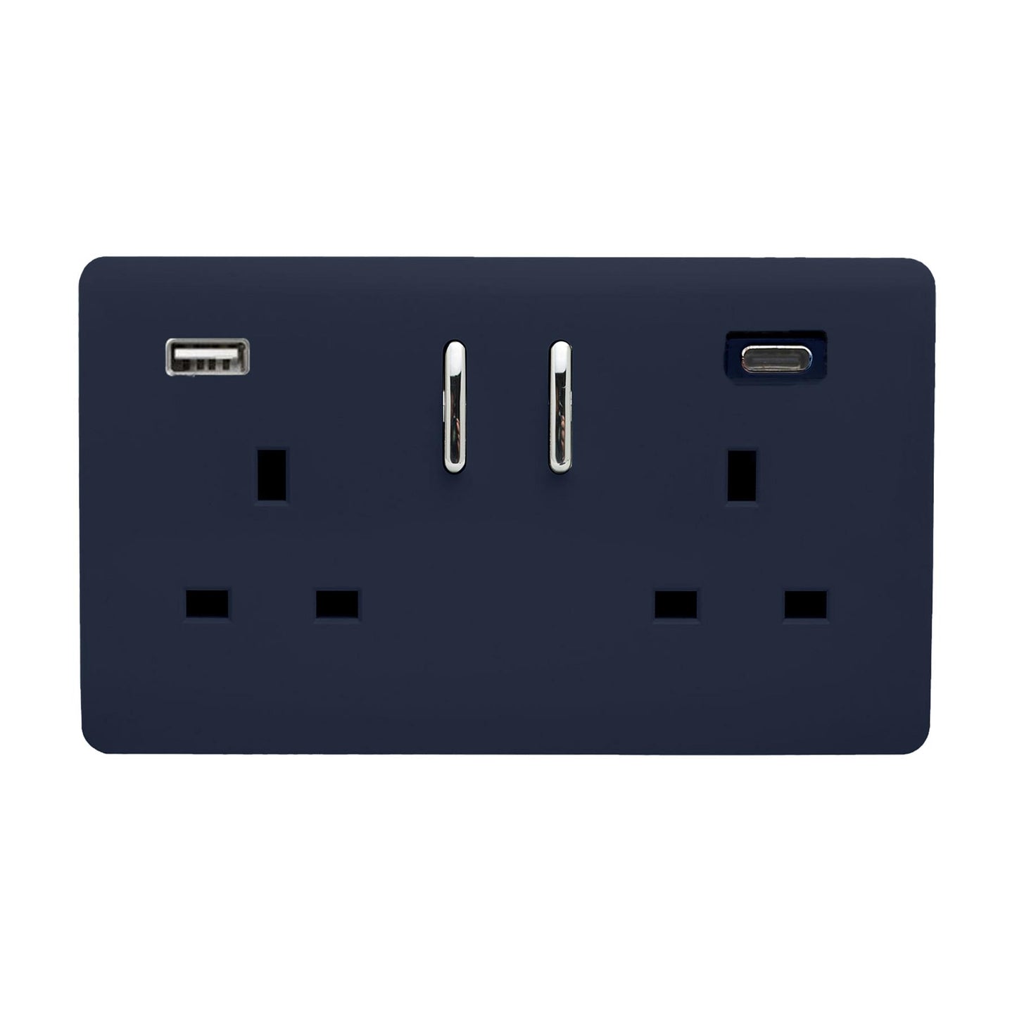 Navy Blue Screwless 2 Gang Switched Double Socket 13A With 1 x USB-A & 1 x USB-C 45W (Shared), (35mm Back Box Req.), 10yrs Warranty