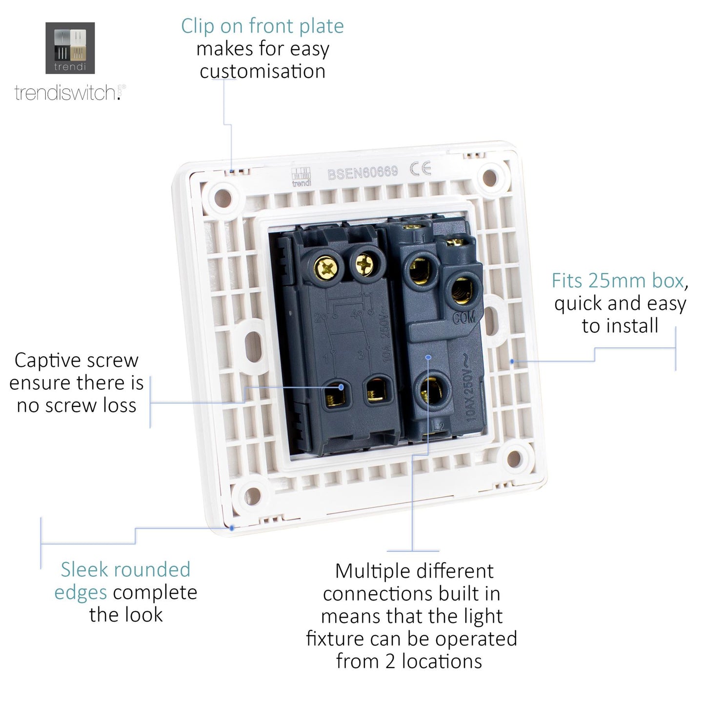 Trendi 2 Gang (1x 2 Way & 1x Intermediate) 10 Amp Rocker Light Switch Matt White - ART-SS29MWH