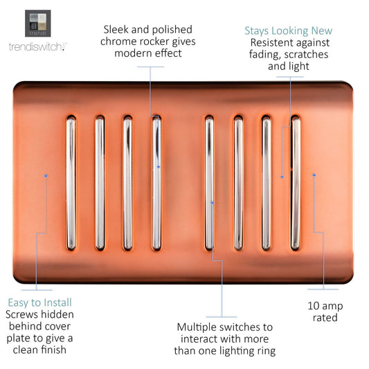 Trendi Artistic Modern Glossy 8 Gang 2 Way Rocker Double Plate Tactile Light Switch Copper