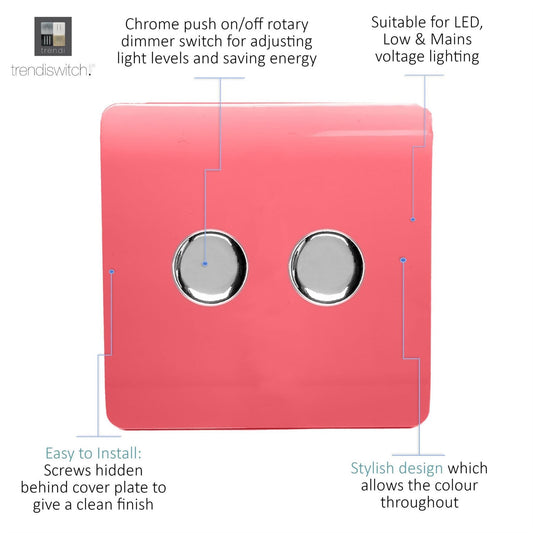 Trendi 2 Gang 2 Way 240V 100w LED Dimmer Screwless Raised Front Plate Plastic Artistic Modern Glossy 10 Amp Chrome Single Electrical Wall Light Switch in Strawberry - ART-2LDMSB