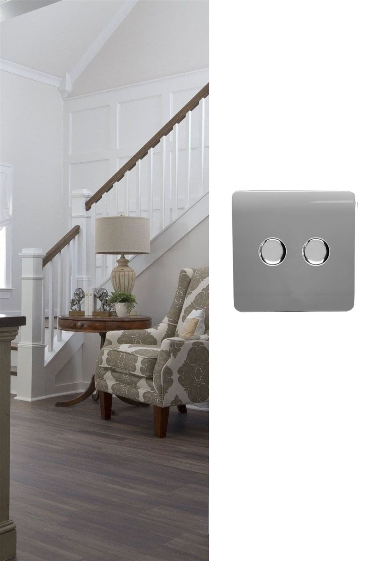 Trendi 2 Gang 2 Way 240V 100w LED Dimmer Screwless Raised Front Plate Plastic Artistic Modern Glossy 10 Amp Chrome Single Electrical Wall Light Switch in Cool Grey - ART-2LDMCG