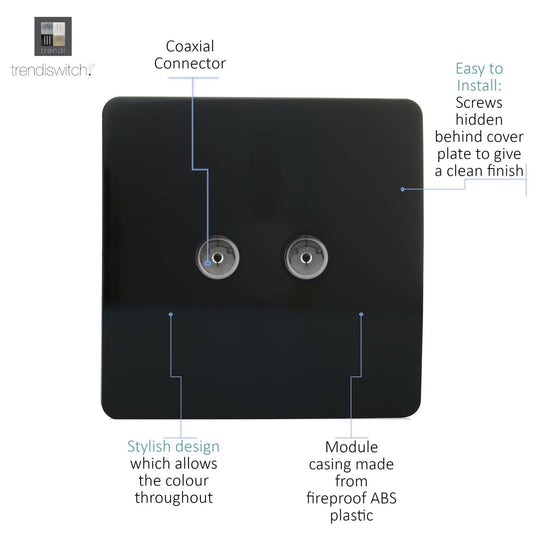 Trendi Artistic Modern Glossy Tactile 2 Gang TV Socket in Black ART-2TVSBK
