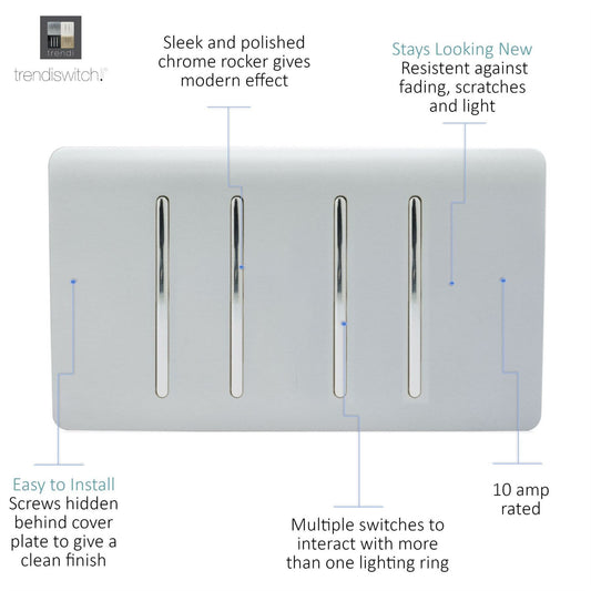 Trendi 4 Gang (2 Way & 1x Intermediate) Glossy 10 Amp Rocker Light Switch Silver