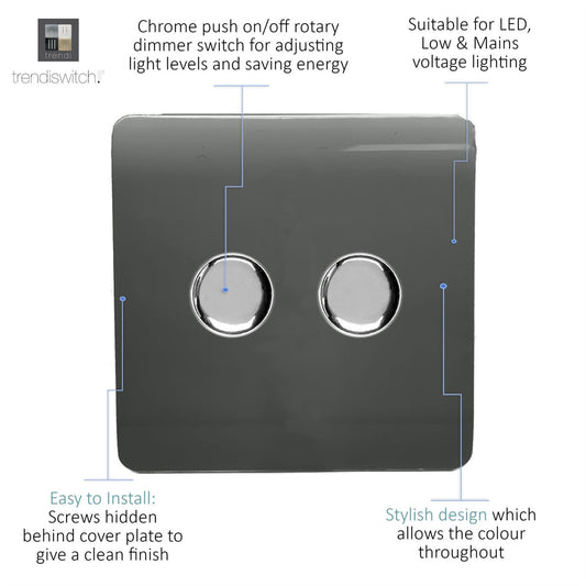 Trendi 2 Gang 2 Way 240V 100w LED Dimmer Screwless Raised Front Plate Plastic Artistic Modern Glossy 10 Amp Chrome Single Electrical Wall Light Switch in Charcoal - ART-2LDMCH