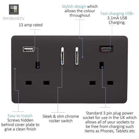 Trendi 2 Gang Artistic Modern Glossy 13 Amp 2 x Type A & C 3100mA USB Switched Plug Socket Dark Mocha Brown