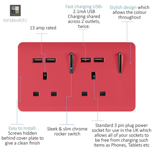 Trendi 2 Gang Artistic Modern Glossy 13 Amp 4x2.1mA USB Switched Tactile Plug Socket Strawberry