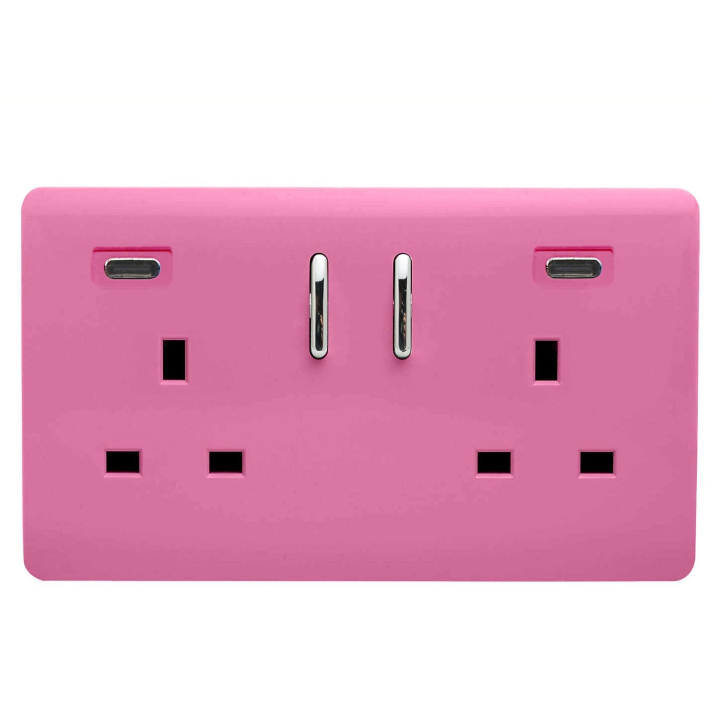 Pink Screwless 2 Gang Switched Double Socket 13A With 2 x USB-C 45W (Shared), (35mm Back Box Req.), 10yrs Warranty