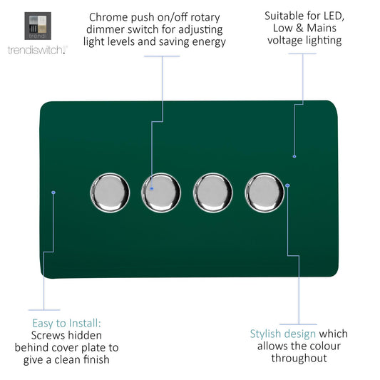 Trendi 4 Gang 2 Way 240V 100w LED Dimmer Screwless Raised Front Plate Plastic Artistic Modern Glossy 10 Amp Chrome Single Electrical Wall Light Switch in Cool Grey - ART-4LDMCG
