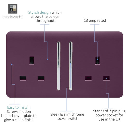 Trendi 2 Gang Raised Artistic Modern Glossy Screwless 13 Amp Single Pole with Chrome Switched UK Standard Electrical Double Wall Plug Socket in Plum Purple - ART-SKT213LPL