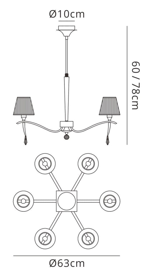 Mantra Siena 63cm Pendant Round 6 Light E14, Polished Brass with Amber Cream Shades and Clear Crystal