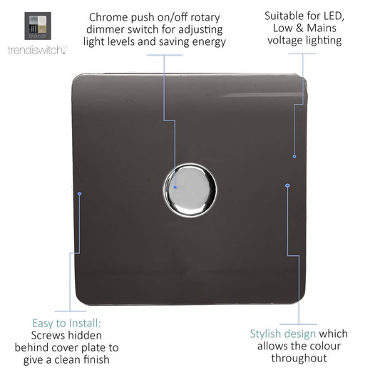 Trendi 1 Gang 2 Way 240V 100w LED Dimmer Screwless Raised Front Plate Plastic Artistic Modern Glossy 10 Amp Chrome Single Electrical Wall Light Switch in Mocha Brown - ART-LDMDB