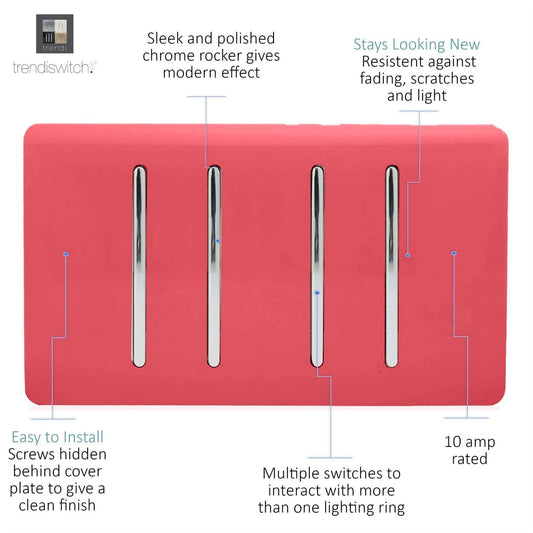 Trendi 4 Gang (2 Way & 3xIntermediate) Glossy 10 Amp Rocker Light Switch Strawberry