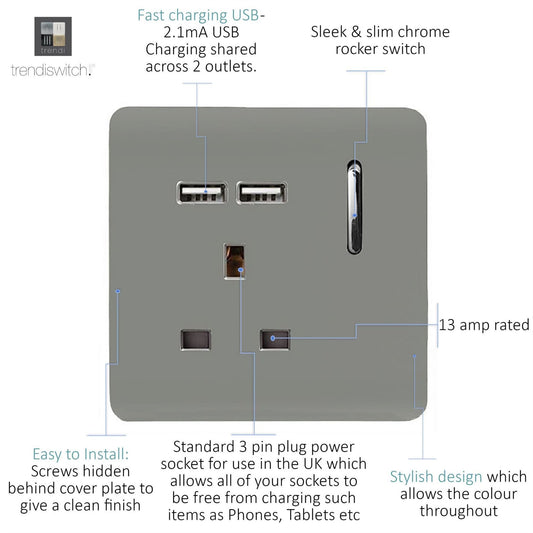 Trendi 1 Gang Artistic Modern Glossy 13 Amp 2x2.1mA USB Switched Tactile Light Grey