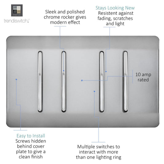 Trendi Artistic Modern Glossy 4 Gang 2 Way Stainless Steel Rocker Double Plate Tactile Light Switch