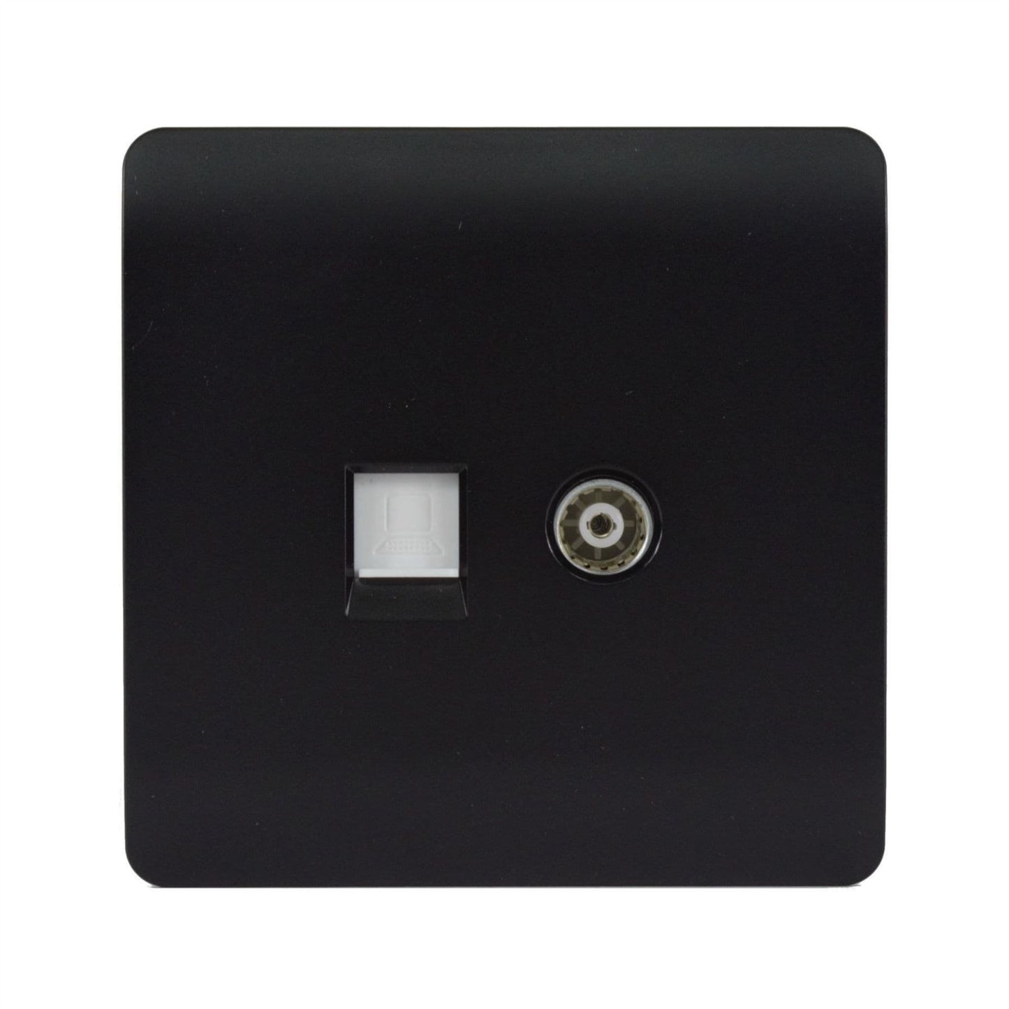 Trendi Switch 2 Gang TV Co-Axial & RJ45 Cat 6 Modern Designer PC Ethernet Sockets in Matt Black
