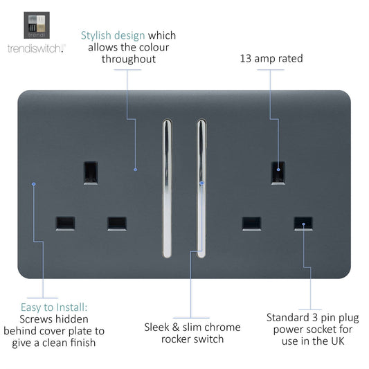 Trendi 2 Gang Raised Artistic Modern Glossy Screwless 13 Amp Single Pole with Chrome Switched UK Standard Electrical Double Wall Plug Socket in Warm Grey - ART-SKT213LWG