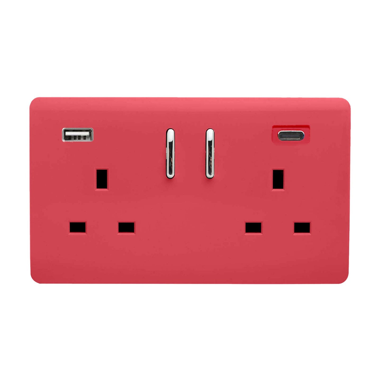 Strawberry Screwless 2 Gang Switched Double Socket 13A With 1 x USB-A & 1 x USB-C 65W (Shared), (35mm Back Box Req.), 10yrs Warranty