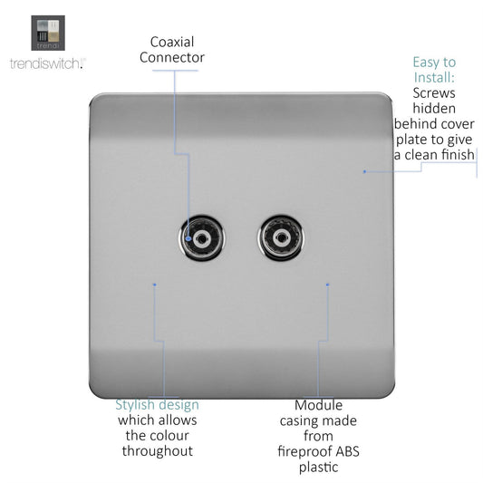 Trendi Artistic Modern Glossy Tactile 2 Gang TV Socket Stainless Steel