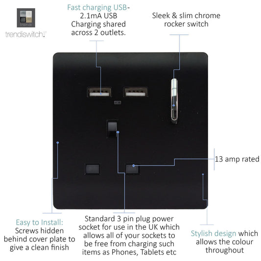 Trendi 1 Gang Artistic Modern Glossy 13 Amp 2 x 2.1mA USB Switched Tactile Plug Socket Black