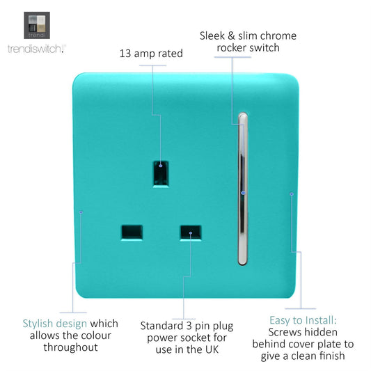 Trendi 1 Gang Artistic Modern Glossy 13 Amp Switched Tactile Plug Socket Bright Teal