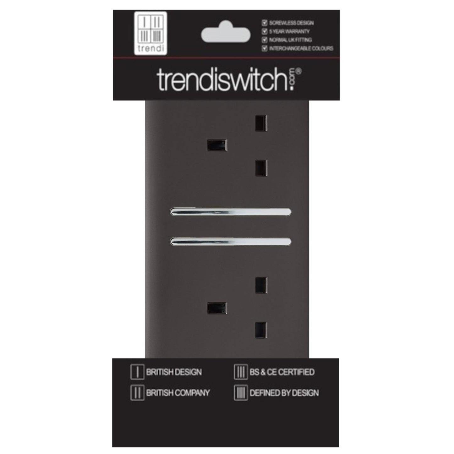 Trendi 2 Gang Artistic Modern Glossy 13 Amp Switched Plug Socket Dark Brown (7 Pack)