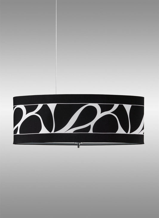 Mantra Manhattan Linear Pendant Large 3 Light L1, SGU10, Polished Chrome, Frosted Glass with Black Patterned Shade, CFL Lamps INCLUDED