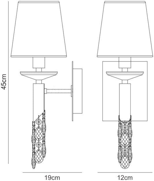 Mantra Tiffany Wall Light Switched 1+1 Light E14+G9, Polished Chrome with White Shade & Clear Crystal