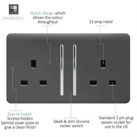 Trendi 2 Gang Raised Artistic Modern Glossy Screwless 13 Amp Single Pole with Chrome Switched UK Standard Electrical Double Wall Plug Socket in Charcoal Grey - ART-SKT213LCH