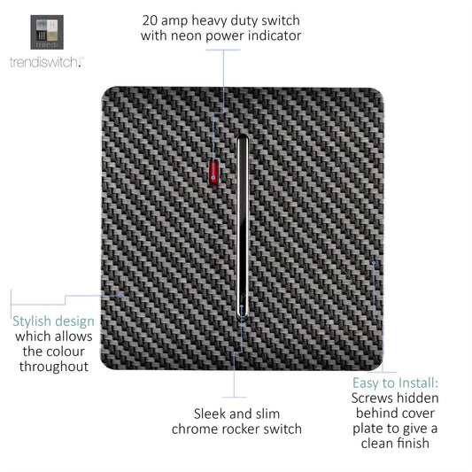 Trendi Switch 1 Gang 20 Amp Modern Designer Heavy Duty Rocker Switch in Carbon Fibre