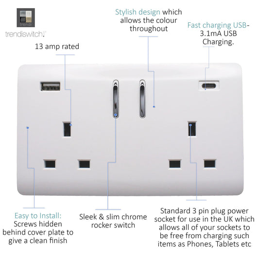 Trendi 2 Gang 13 Amp 2 x 3.1mA Type A&C USB Switched Plug Socket in Matt White - ART-SKT213USB31ACMWH