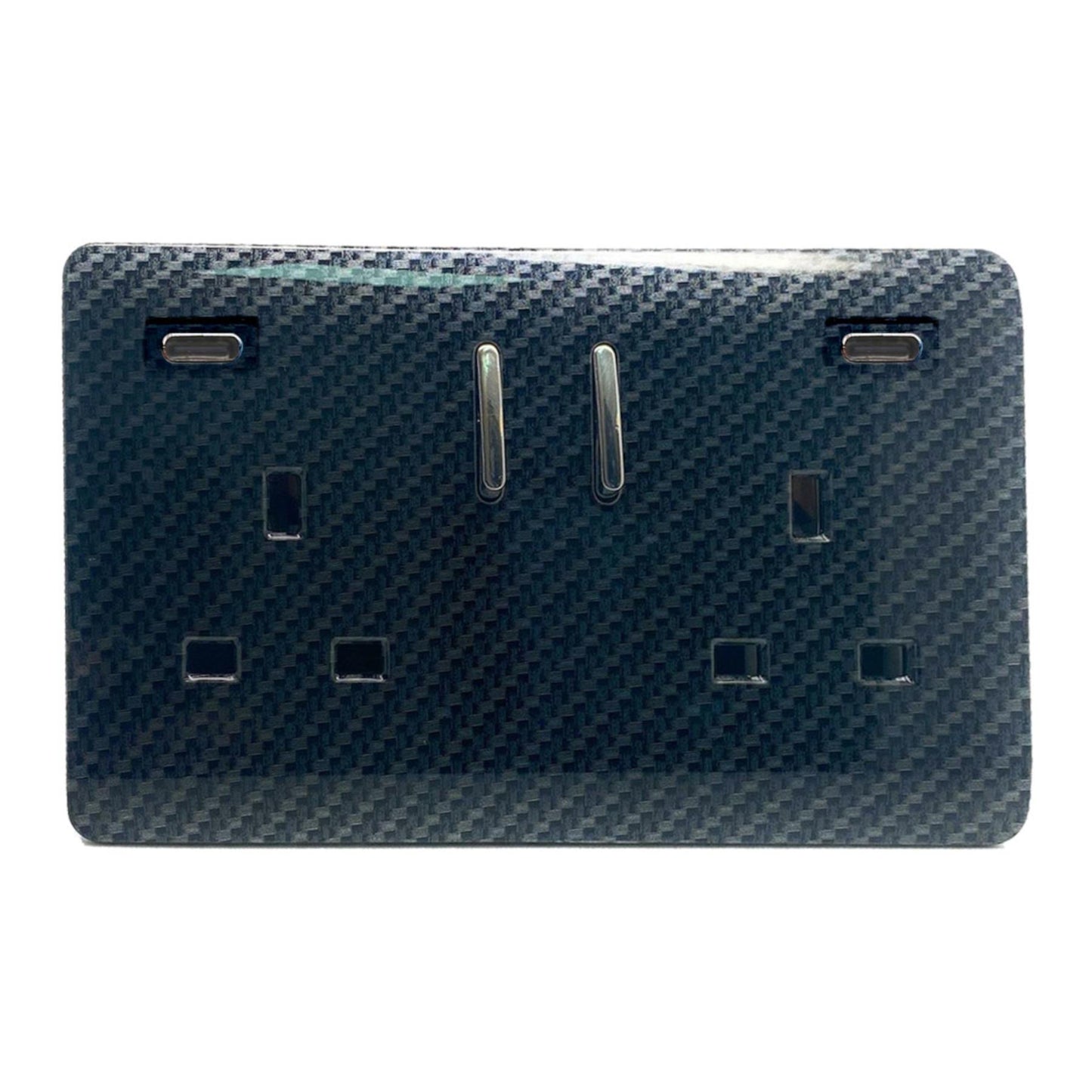 Carbon Fibre Screwless 2 Gang Switched Double Socket 13A With 2 x USB-C 45W (Shared), (35mm Back Box Req.), 10yrs Warranty