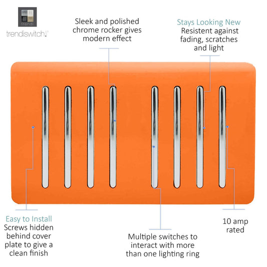 Trendi Artistic Modern Glossy 8 Gang 2 Way Rocker Double Plate Tactile Light Switch Orange