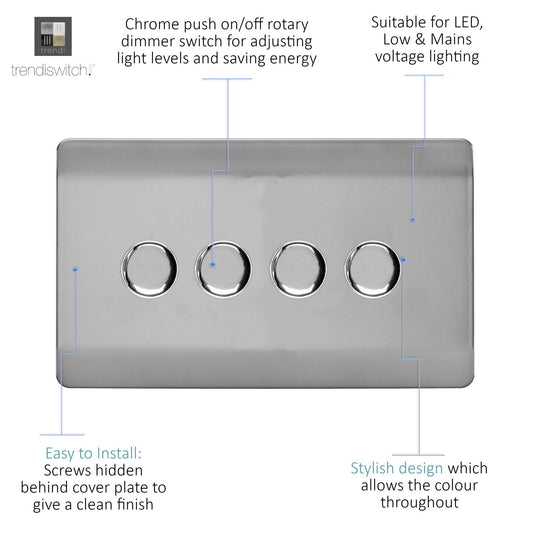 Trendi 4 Gang 2 Way 240V 100w LED Dimmer Screwless Raised Front Plate Plastic Artistic Modern Glossy 10 Amp Chrome Single Electrical Wall Light Switch in Brushed Steel - ART-4LDMBS