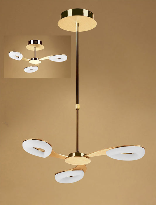 Mantra Fusion Juno 58cm Telescopic Convertible To Semi Flush 3 Light 15W LED 3000K, 1350lm, Satin Gold/Frosted Acrylic/Gold, 3yrs Warranty
