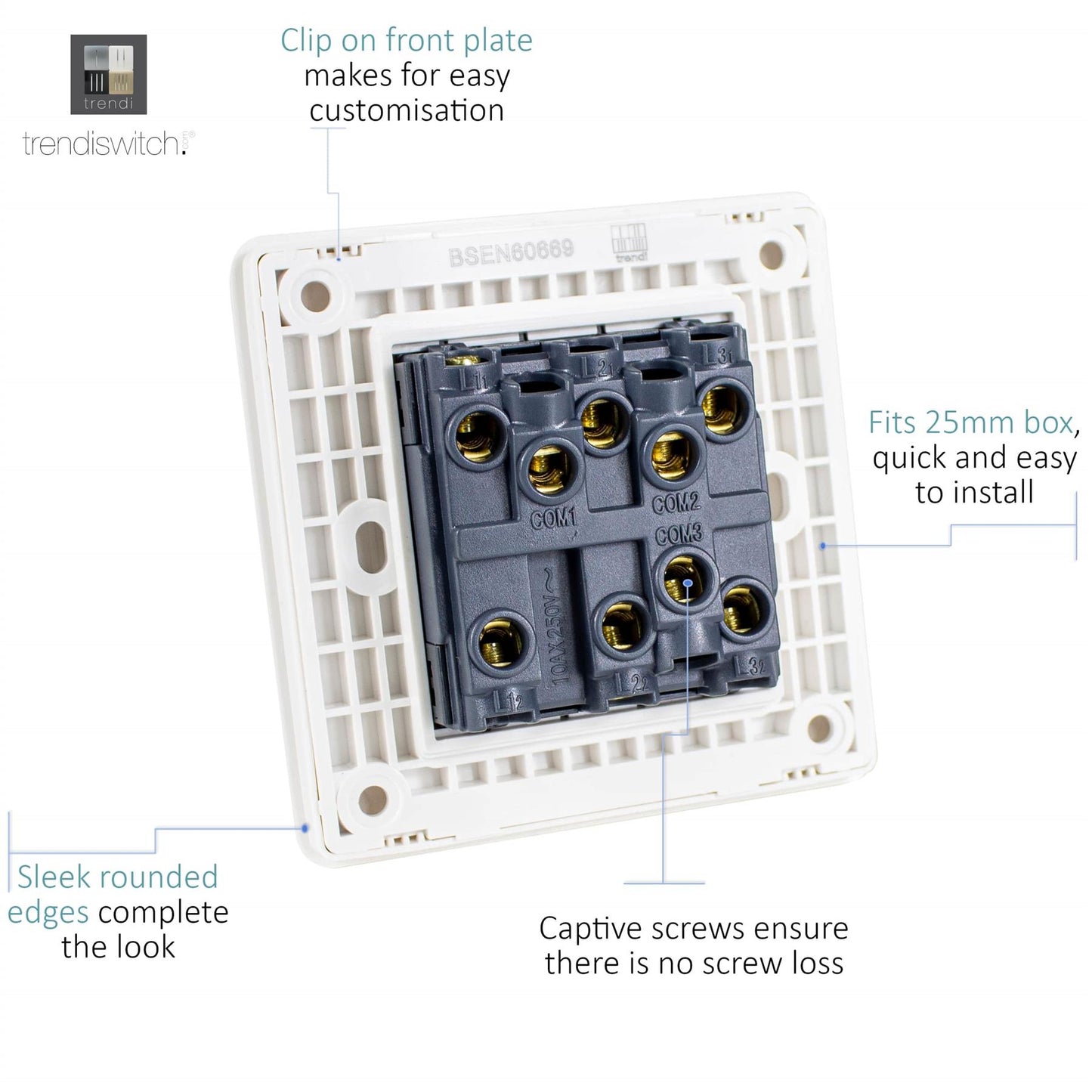 Trendi 3 Gang 2 Way Rocker Single Plate Tactile Light Switch Matt White - ART-SS6MWH
