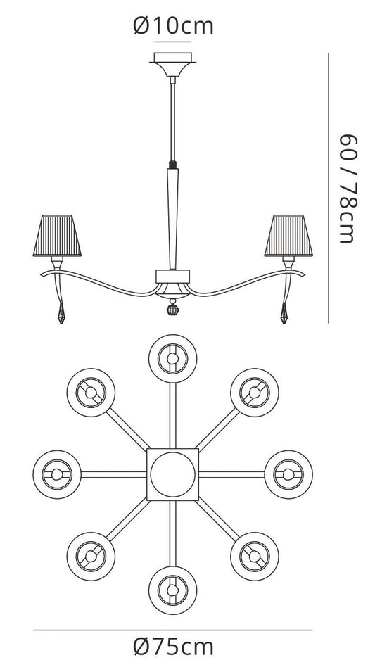 Mantra Siena 75cm Pendant Round 8 Light E14, Polished Brass with Amber Cream Shades and Clear Crystal