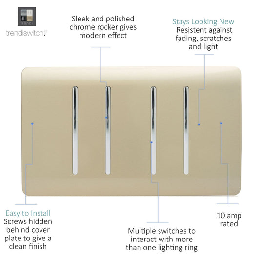 Trendi Modern 4 Gang 2 Way Rocker Double Plate Light Switch in Gold- ART-SS44GO