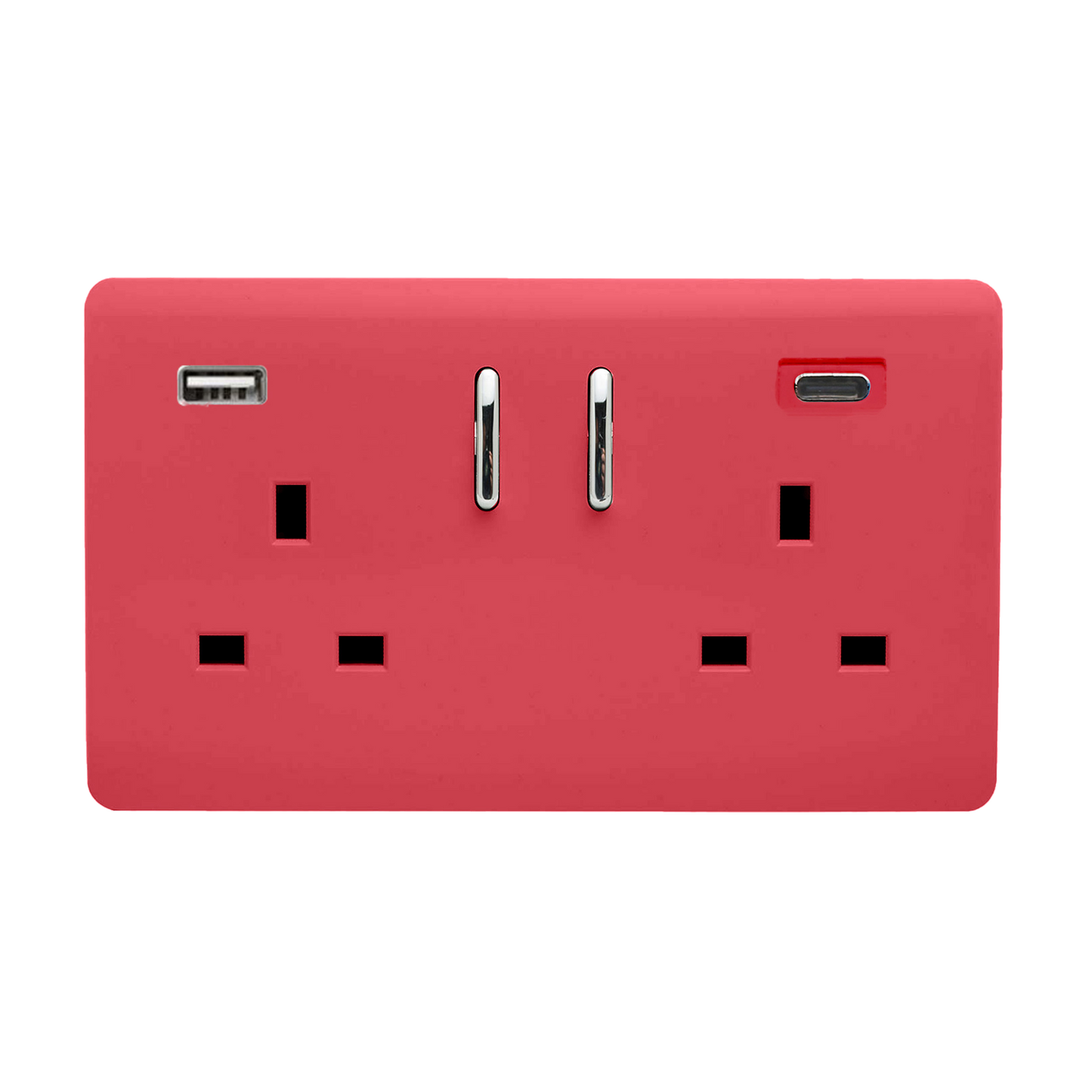 Strawberry Screwless 2 Gang Switched Double Socket 13A With 1 x USB-A & 1 x USB-C 45W (Shared), (35mm Back Box Req.), 10yrs Warranty