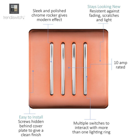 Trendi 4 Gang 2 Way Artistic Modern Glossy 10 Amp Rocker Tactile Light Switch Copper